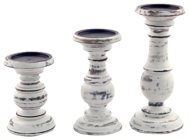 Turned Design Wooden Candle Holder With Distressed Details, Set Of 3, White