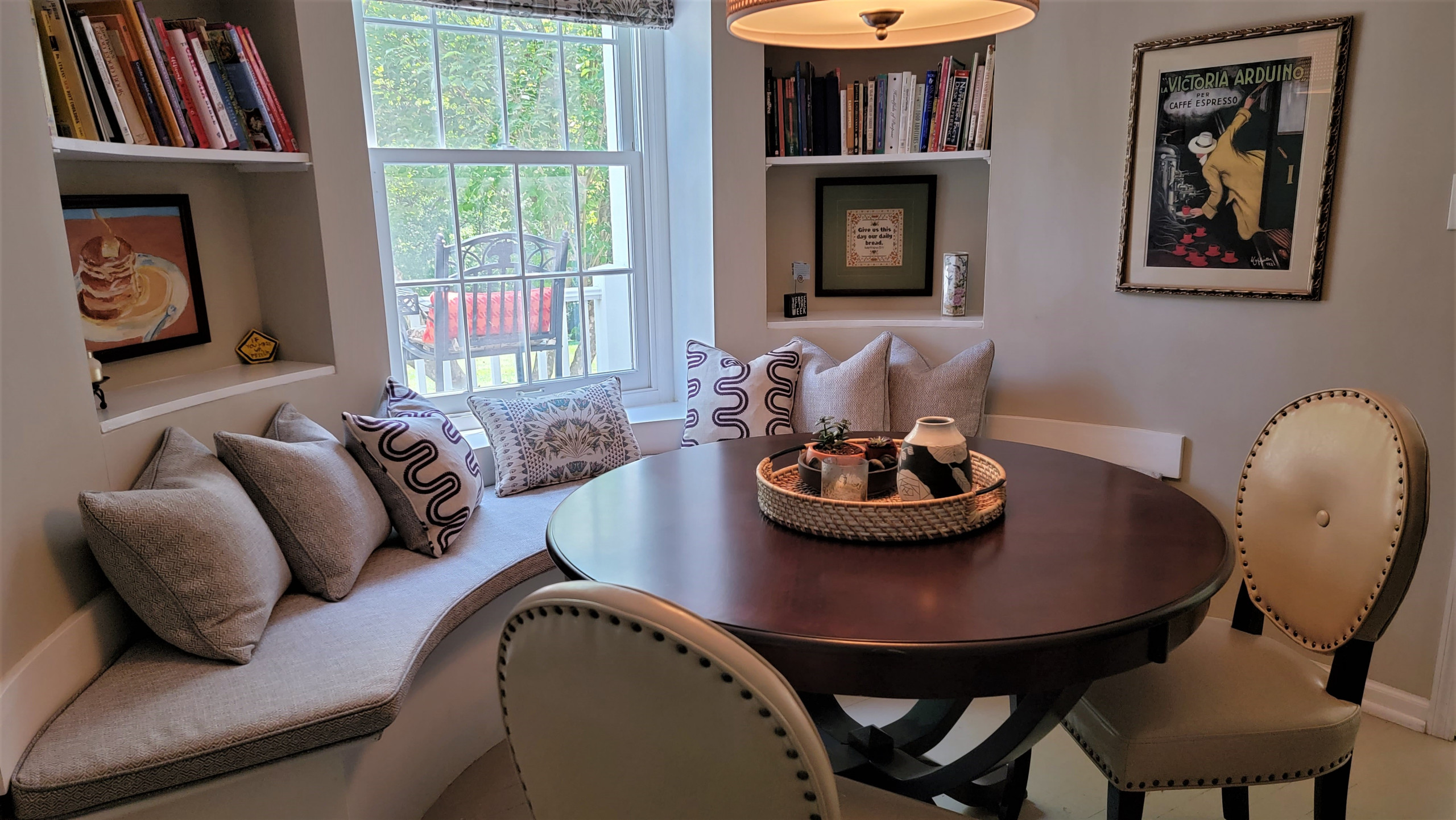 Cupula Dining-custom bench seat, pillows and Relaxed Roman