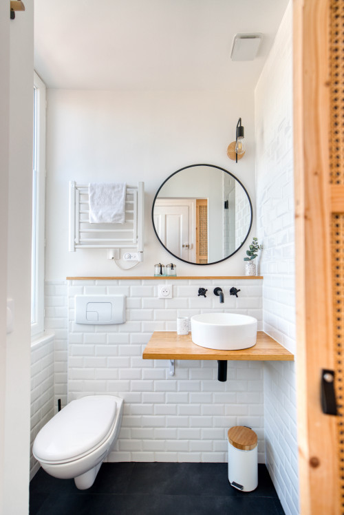 Scandinavian Bathroom with Subway Tile Backsplash and Wood Floating Shelf