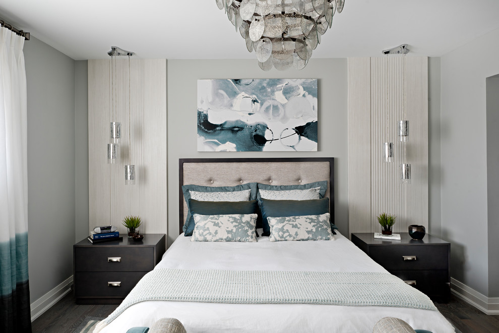 Bedroom - mid-sized transitional master medium tone wood floor and brown floor bedroom idea in Toronto with gray walls