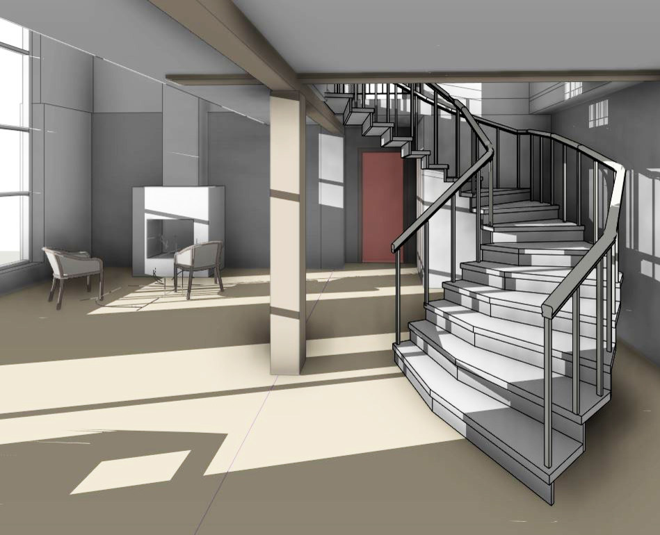 Реконструкция индивидуального дома. Главное помещение с вторым светом. Лестница