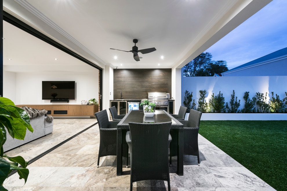 Inspiration for a contemporary backyard patio in Perth with an outdoor kitchen, tile and a roof extension.