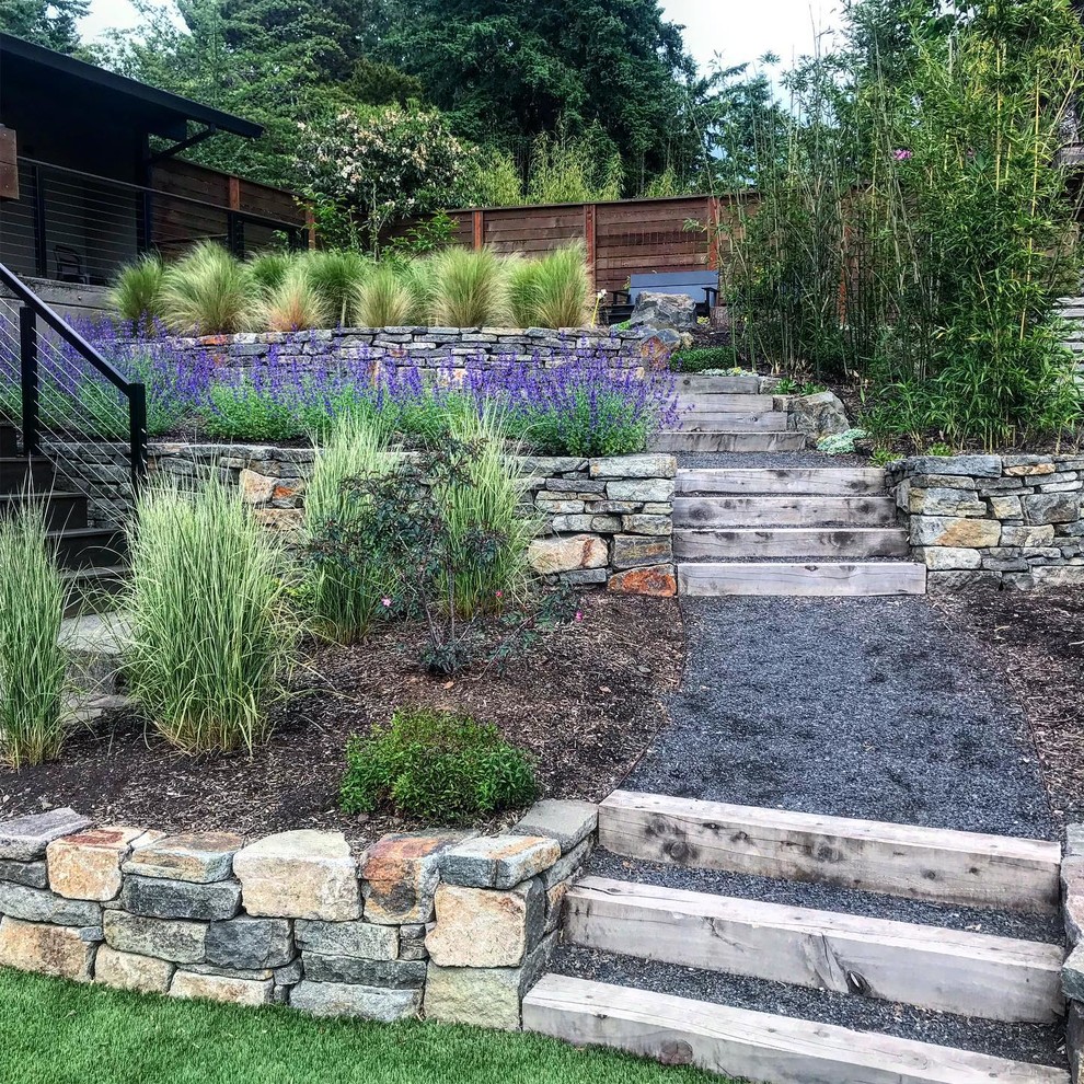 Inspiration for a large midcentury backyard full sun xeriscape for summer in Portland with a retaining wall.