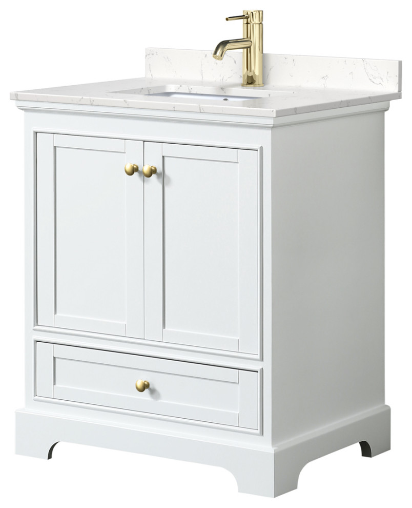 Deborah 30" Single Vanity, White, Carrara Marble Top, Gold Trim, No