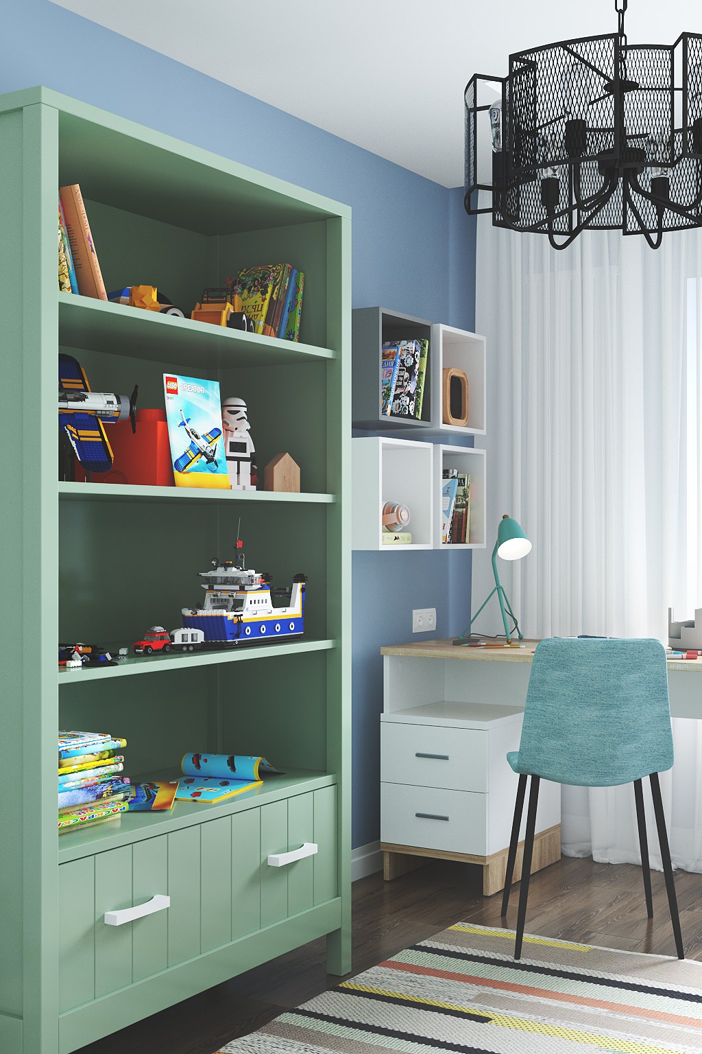 Красочный и спокойный. Проект интерьера детской комнаты для ребенка 4-х лет.