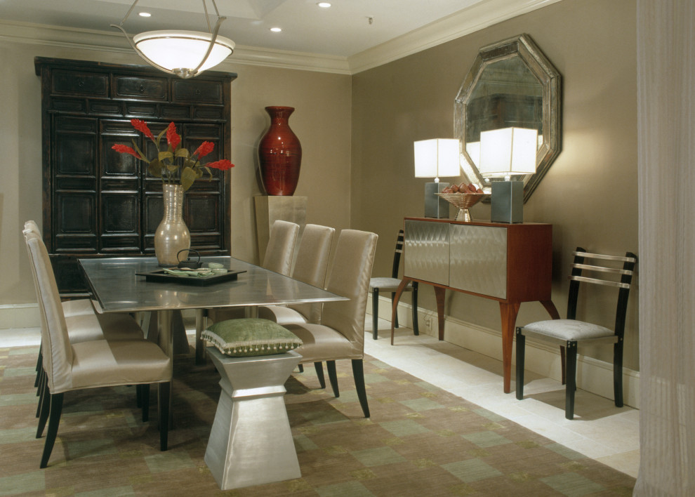 This is an example of a large modern dining room in DC Metro with metallic walls, carpet and beige floor.