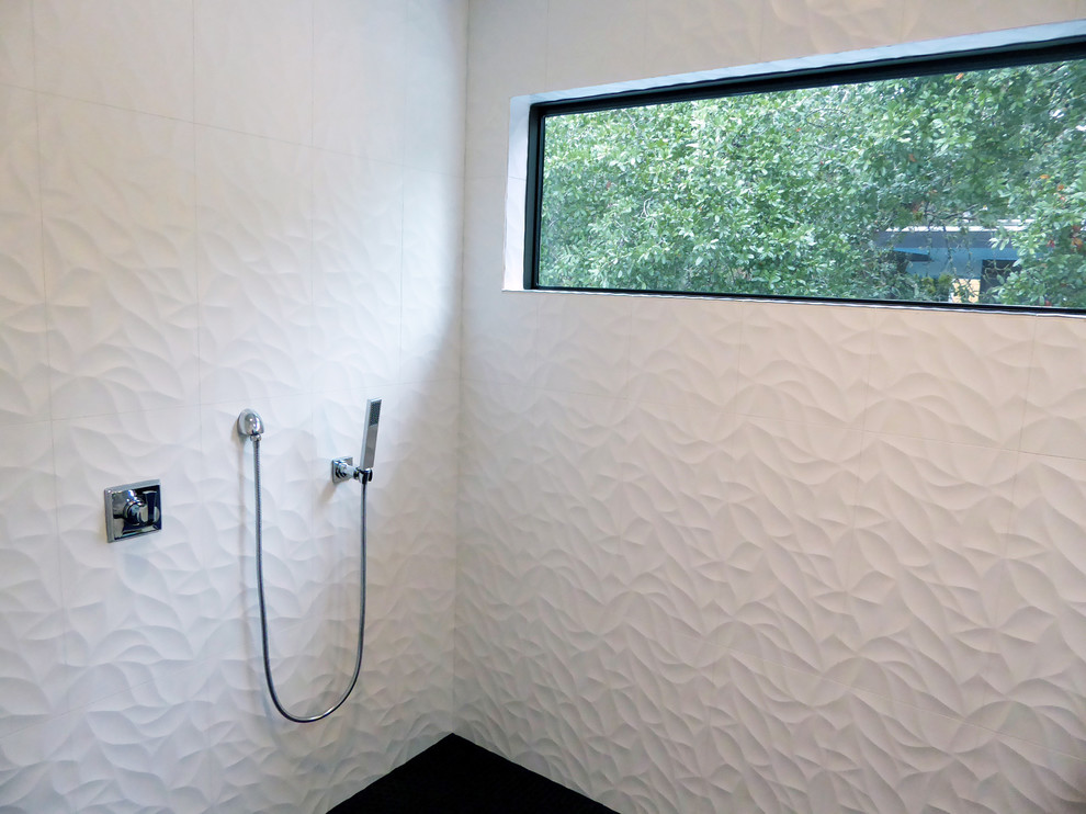 Mid-sized master white tile doorless shower photo in Austin with white walls