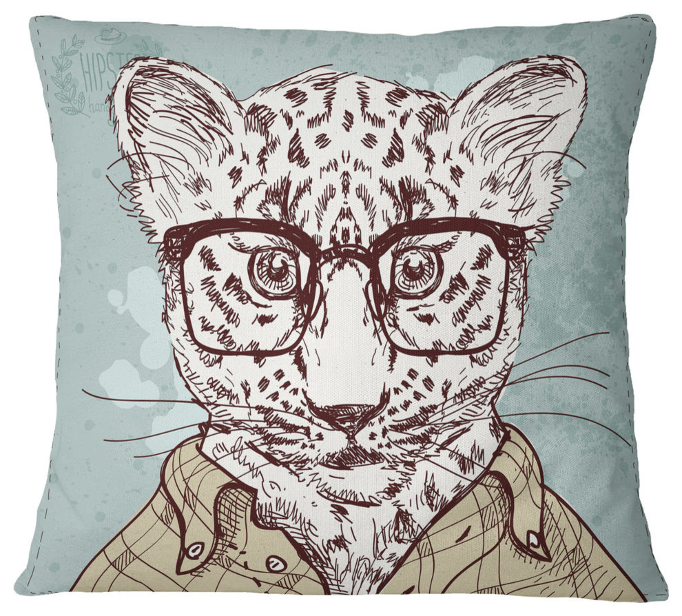Hipster Leopard With Glasses Animal Throw Pillow, 18"x18"