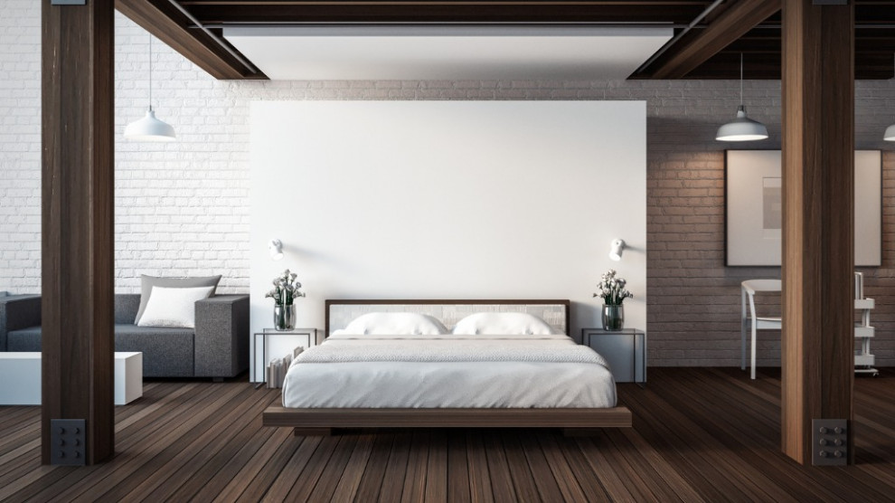 Свежая идея для дизайна: спальня в современном стиле с белыми стенами и кирпичными стенами - отличное фото интерьера