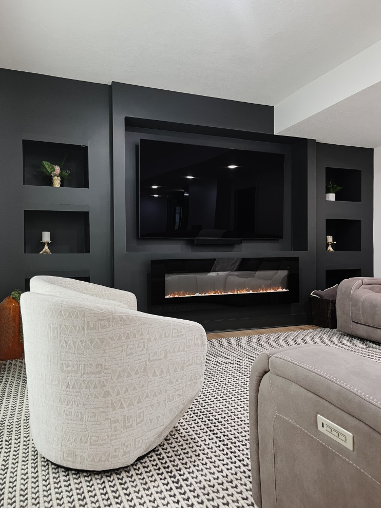 Inspiration for a contemporary look-out vinyl floor and beige floor basement remodel in Kansas City with a home theater and white walls