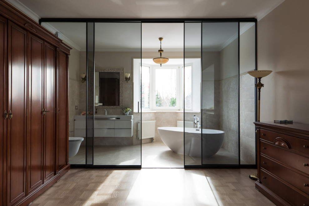 Раздвижная межкомнатная перегородка raumplus в темном тонком профиле