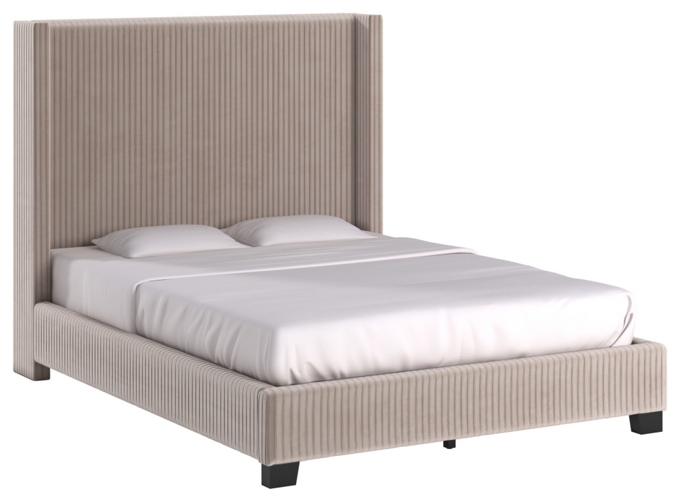 Capwell Pleated Velvet Wingback Bed Transitional Platform Beds by