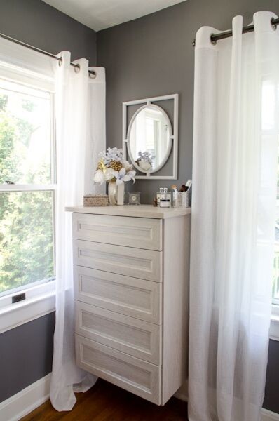 Inspiration for a mid-sized traditional women's dressing room in Indianapolis with medium hardwood floors, open cabinets and white cabinets.