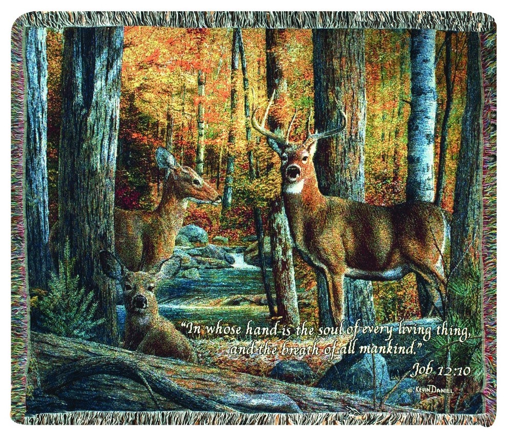 Deer & Pheasants ~ Fur Feathers & Fall Tapestry Afgan Throw w/Verse 