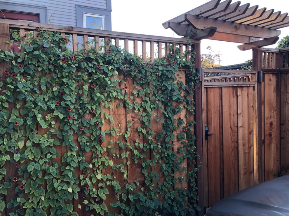This is an example of a mid-sized contemporary front yard partial sun driveway for summer in San Francisco with with a gate, brick pavers and a wood fence.