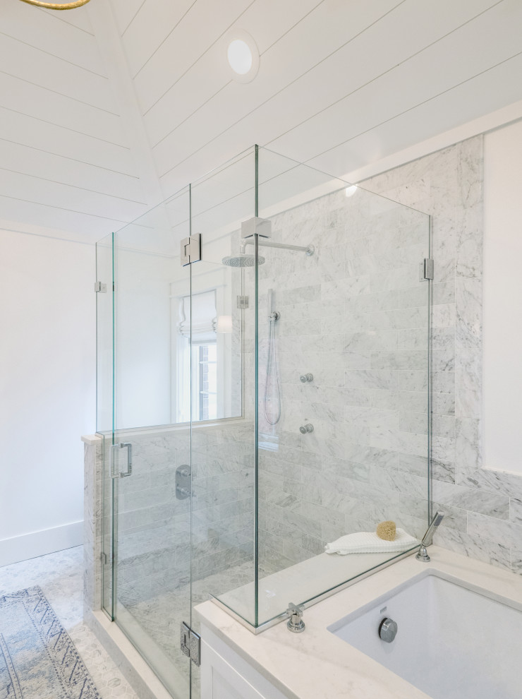 Large transitional master marble floor, gray floor, double-sink and shiplap ceiling bathroom photo in Chicago with shaker cabinets, white cabinets, a one-piece toilet, white walls, an undermount sink, quartzite countertops, a hinged shower door, white countertops and a built-in vanity