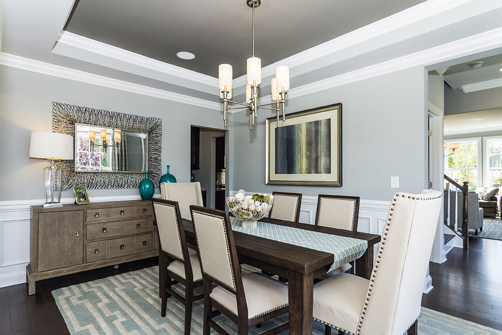 Inspiration for a timeless dark wood floor dining room remodel in Raleigh with gray walls
