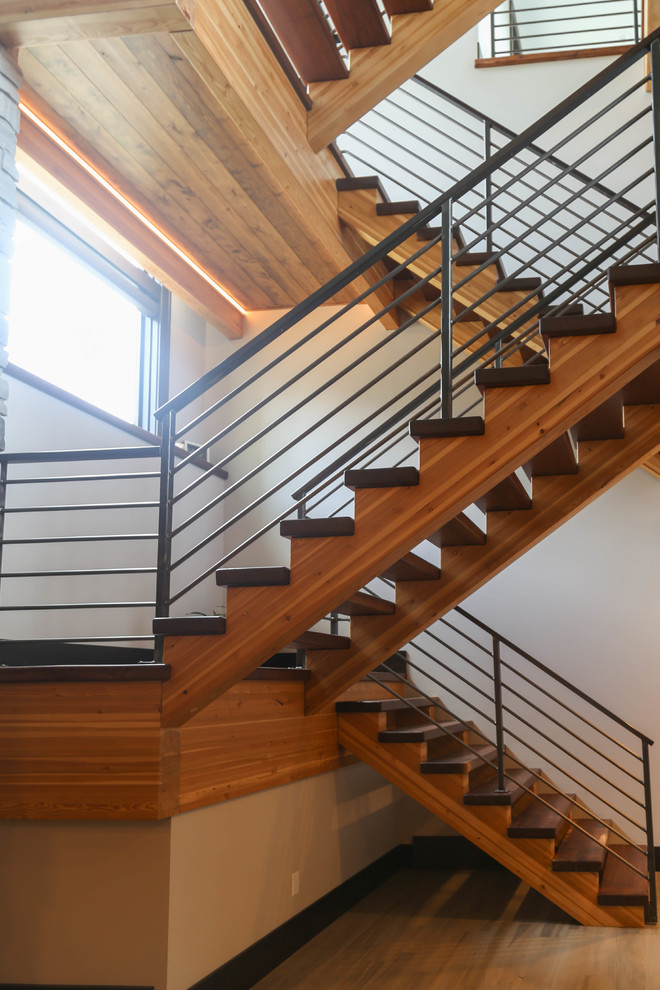 Staircase - large transitional wooden u-shaped mixed material railing staircase idea with wooden risers