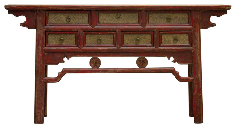 Nahla Red and Tan 7 Drawer Console Table