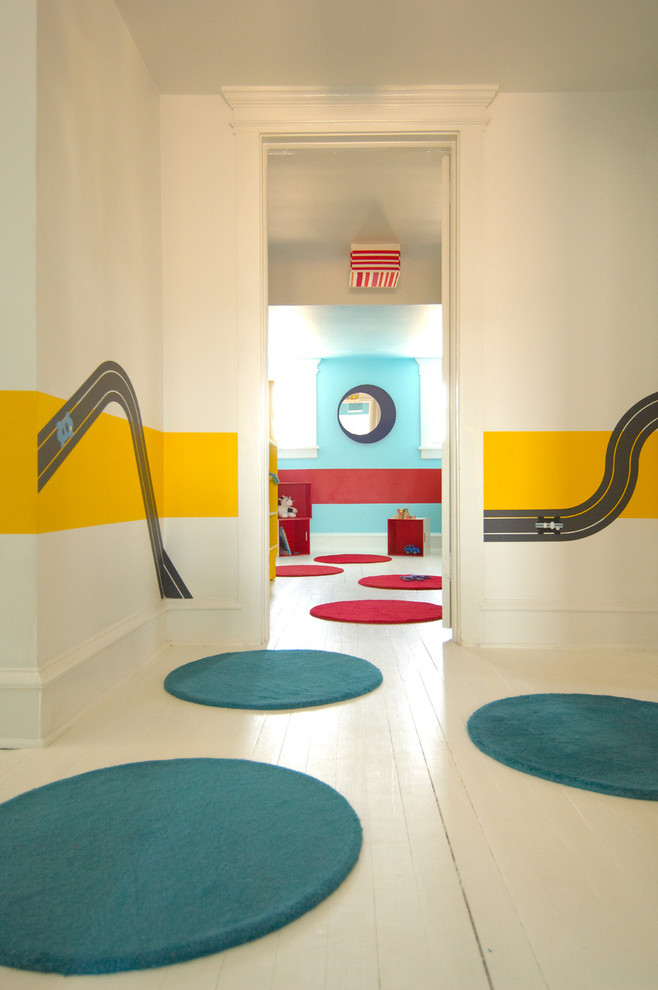 This is an example of a modern kids' room in Other with painted wood floors and white floor.