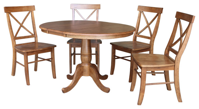 36" Round Extension Dining Table With X-back Chairs, Distressed Oak, 5 Piece