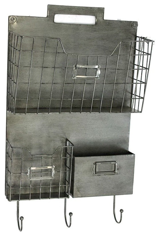 Sagebrook Home Gray Metal Wall Organizer Hooks Baskets Shelf