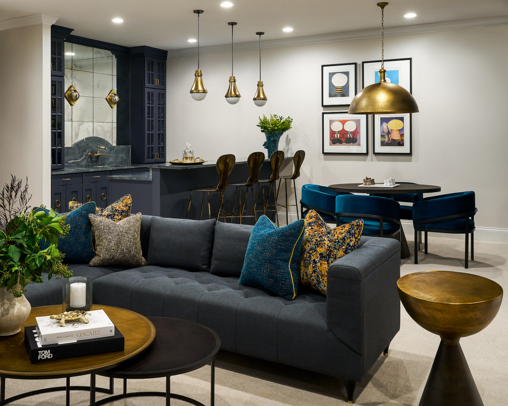 Example of a transitional carpeted basement game room design in Chicago