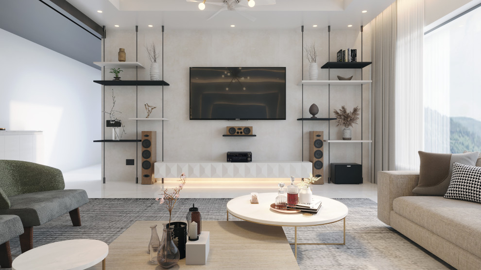 Immagine di un grande soggiorno minimalista aperto con sala formale, pareti beige, pavimento in marmo, TV a parete, pavimento beige, soffitto a cassettoni e pannellatura