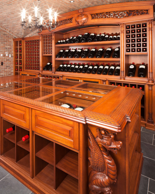 Vineyard inspired light mahogany wine cellar Franklin Lakes, NJ