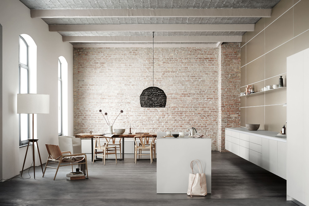 Large contemporary kitchen in Berlin with flat-panel cabinets, white cabinets, laminate benchtops, with island, metallic splashback, ceramic splashback and dark hardwood floors.