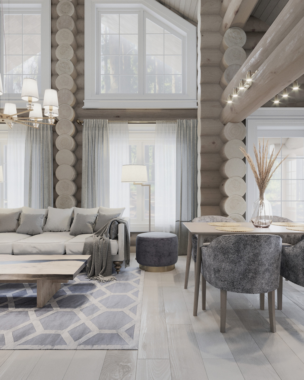 Проект интерьера загородного бревенчатого дома в стиле неоклассика