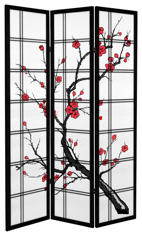 6' Tall Canvas Cherry Blossom Room Divider, 3 Panels Asian Screens
