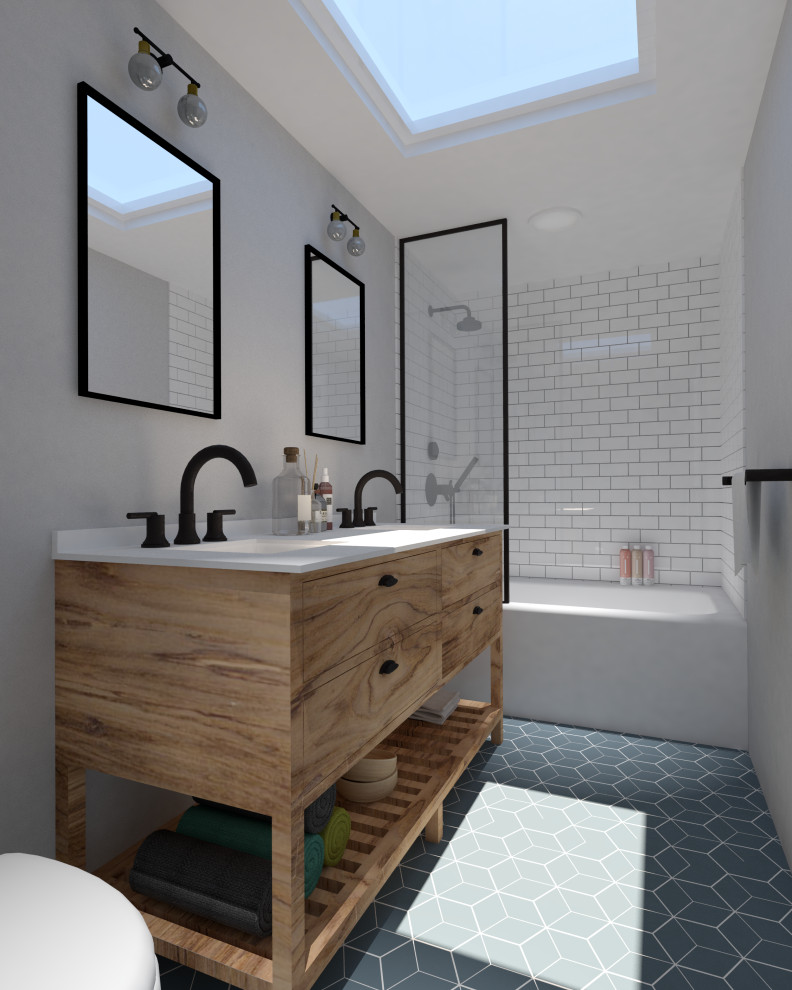 Пример оригинального дизайна: ванная комната в стиле кантри с светлыми деревянными фасадами, белой плиткой, керамической плиткой, белыми стенами, полом из керамогранита, накладной раковиной, столешницей из искусственного кварца, синим полом, белой столешницей, тумбой под две раковины и напольной тумбой