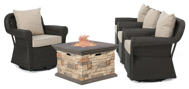 Gdf Studio 5 Piece Augusta Outdoor Wicker Rocker And Gas Firepit Set Tropical Outdoor Lounge Sets By Gdfstudio