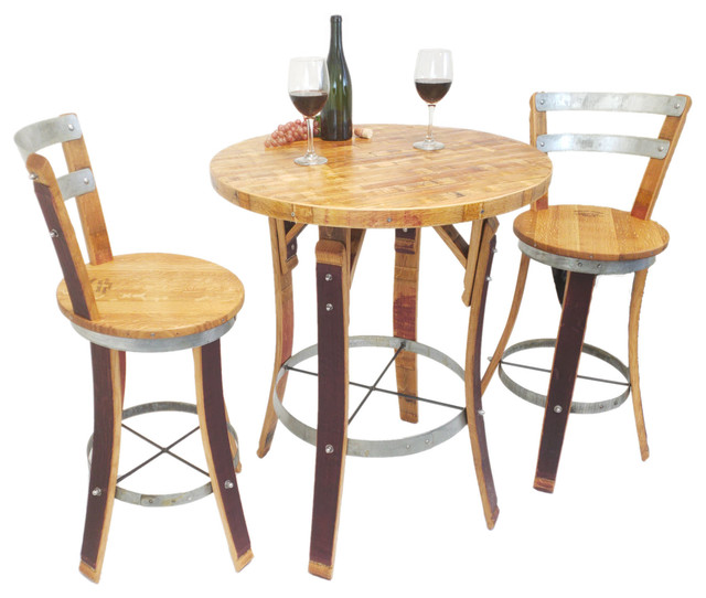 Wine Barrel Bistro Set With Swivel Top Stools