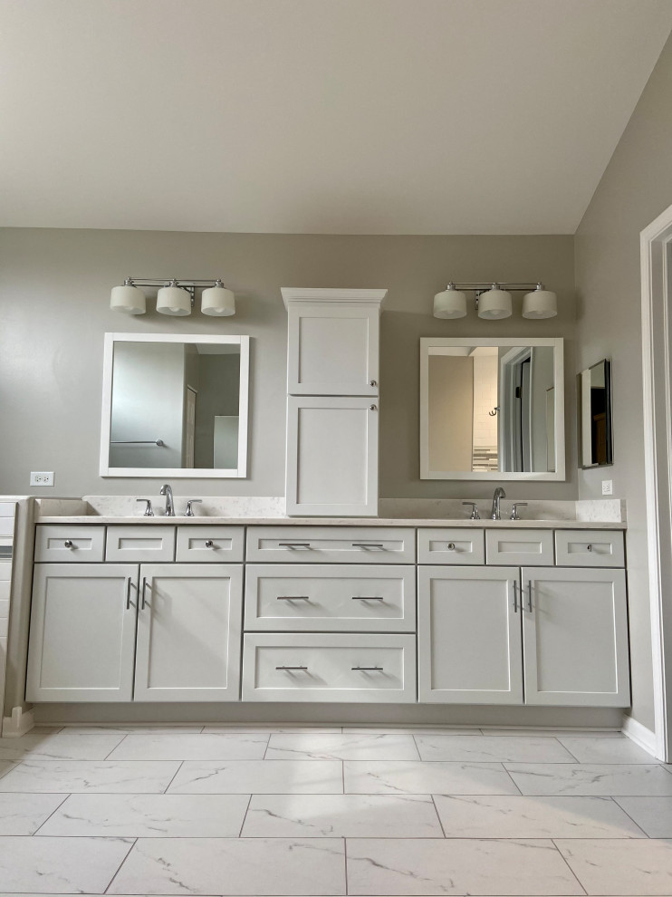 Inspiration for a large modern master double-sink bathroom remodel in Chicago with shaker cabinets, white cabinets, white countertops and a built-in vanity