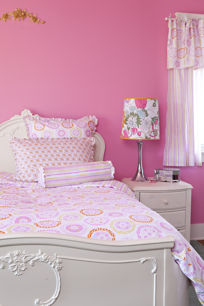 Inspiration for an eclectic kids' room for girls with pink walls.