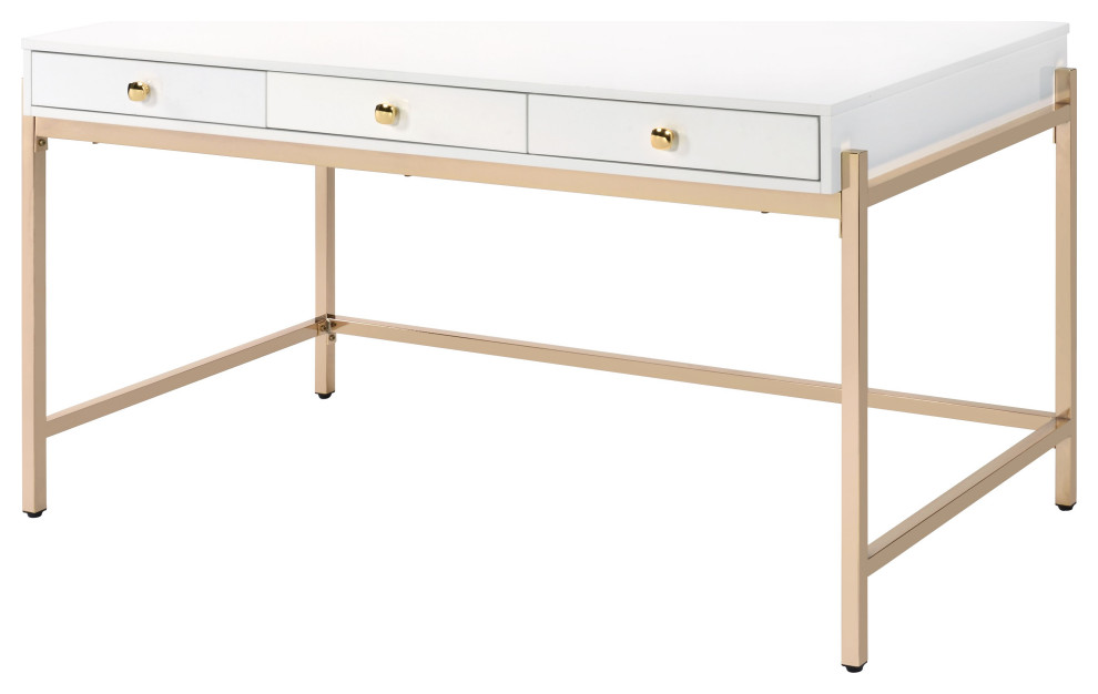 Ottey Desk White High Gloss And Gold Contemporary Desks And Hutches By Acme Furniture Houzz