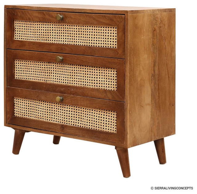 Ulverstone Rustic Solid Wood Rattan 3 Drawer Dresser - Tropical ...