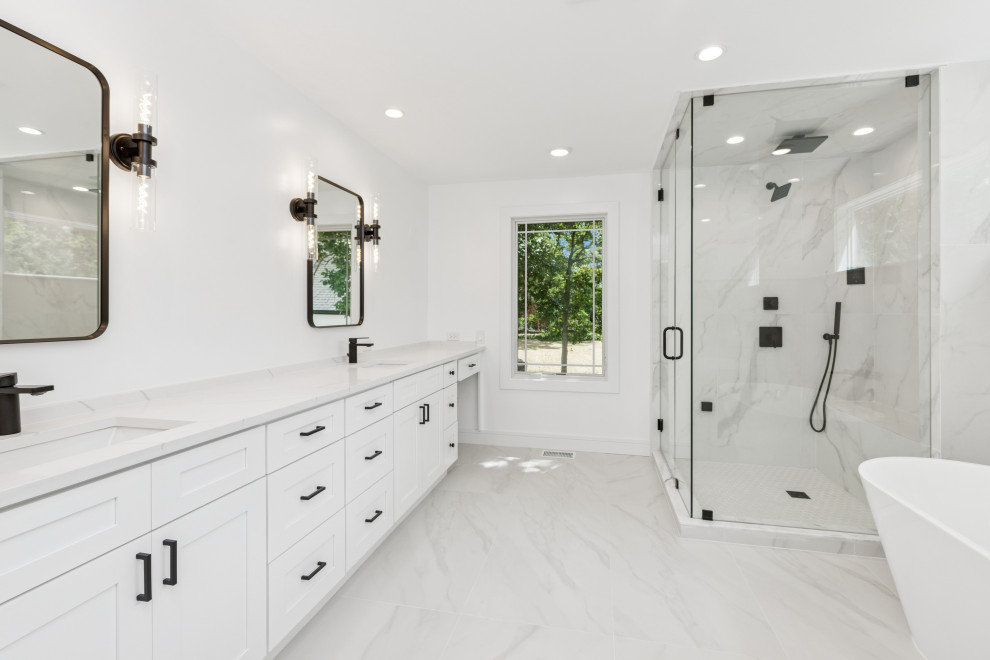 Elegant Double Vanity with Calacatta-Style Walls & Matte Black Accents