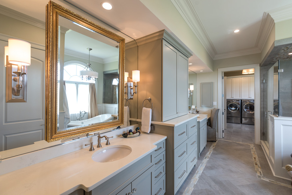 Example of a large transitional home design design