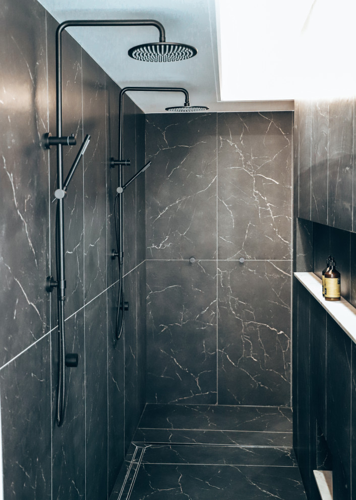 Bathroom - large modern master black and white tile and marble tile ceramic tile bathroom idea in Gold Coast - Tweed