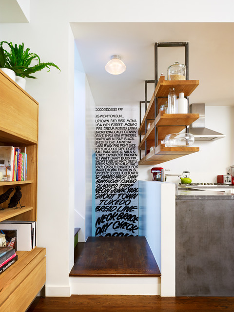 Concrete Counters With Suspended Shelving Above