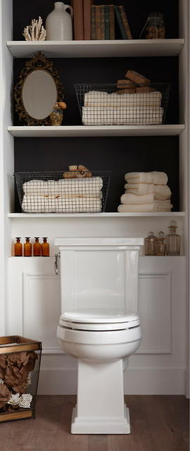 Small elegant master dark wood floor bathroom photo in Milwaukee with a one-piece toilet and white walls
