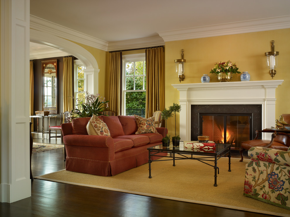 Inspiration for a traditional formal living room in Seattle with yellow walls, a standard fireplace and no tv.