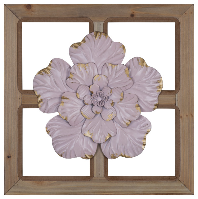 Stratton Home Decor Farmhouse Pink Framed Flower Wall Decor, 14.00x1
