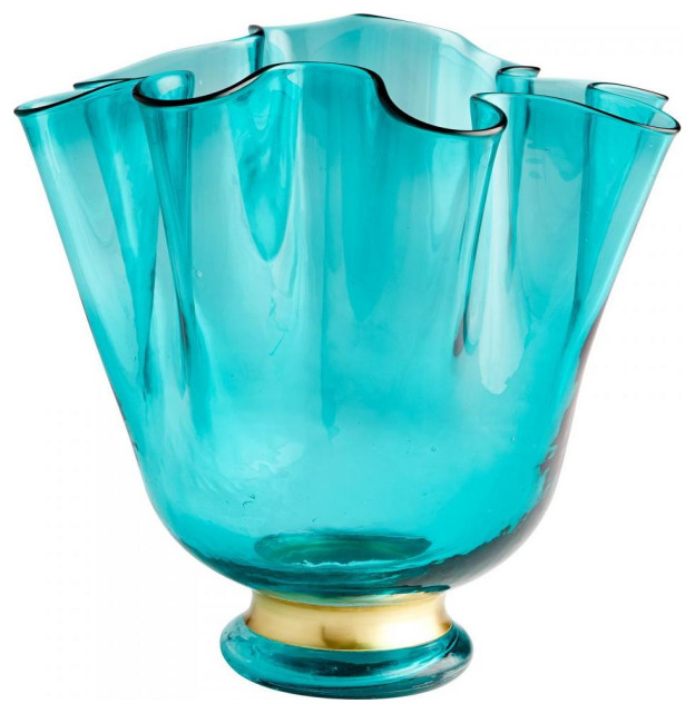 Turquoise Blue Mervine 10.75" Tall Glass and Iron Vase Contemporary