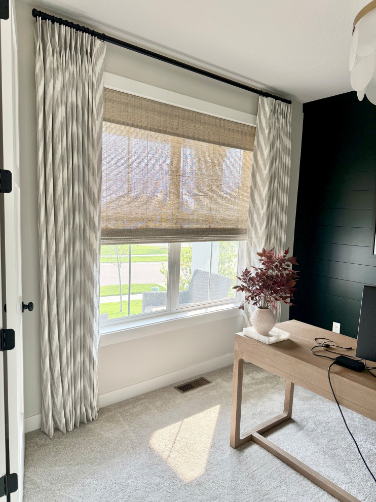 Double width stationary panels with Woven Wood shades