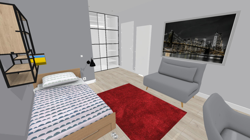 Modelo de dormitorio gris y blanco industrial de tamaño medio con suelo laminado y suelo marrón