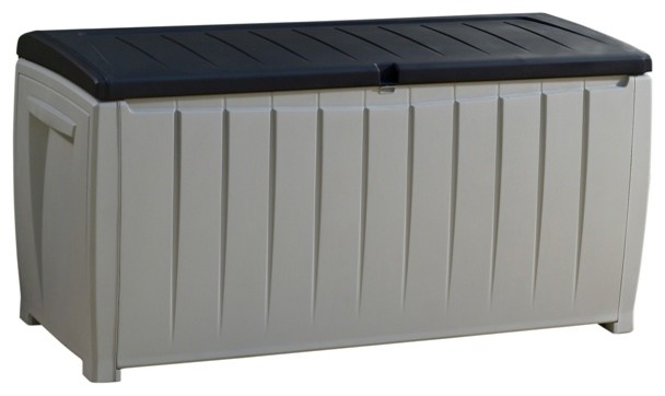 Novel 90 Gallon Plastic Deck Storage Patio Container Garden Bench Box, Grey/Blac